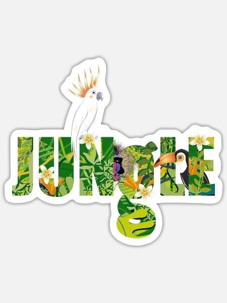 Dschungel Typografie mit Kakadu,Riesentukan & Affe - Sticker Größe S (10 x 10 cm) - Mattweiß