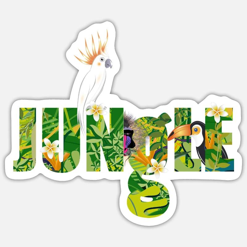 Dschungel Typografie mit Kakadu,Riesentukan & Affe - Sticker Größe S (10 x 10 cm) - Mattweiß