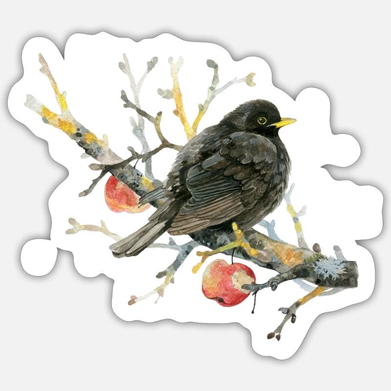 Lovingly painted blackbird on an apple branch - Sticker size S (10 x 10 cm) - white matte