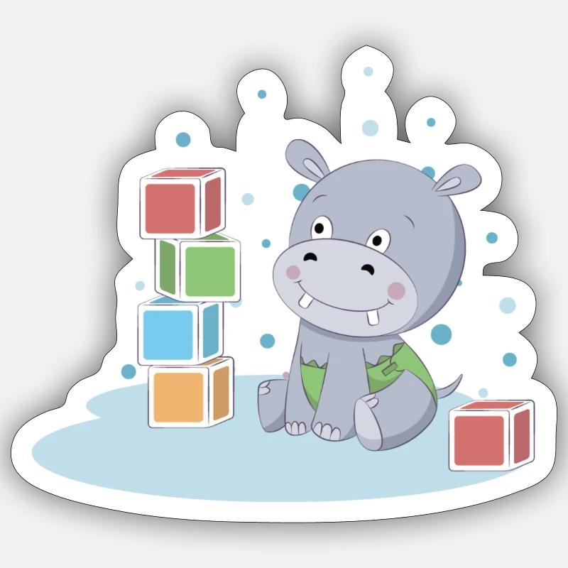 Hippo with cube Sticker size S (10 x 10 cm)