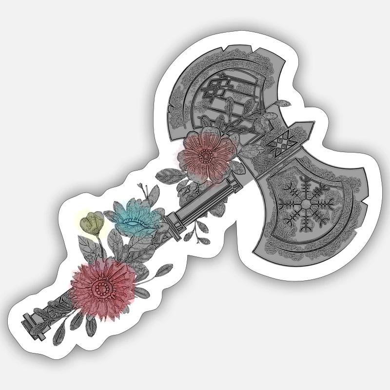 Keltische Wikinger Mit Blumen Doppelaxt Design - Sticker Größe S (10 x 10 cm) - Mattweiß