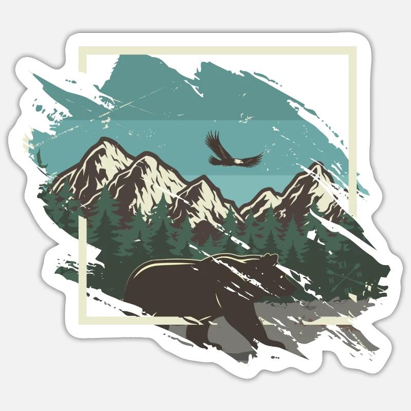 Bär vor verschneitem Bergpanorama - Sticker Größe S (10 x 10 cm) - Mattweiß