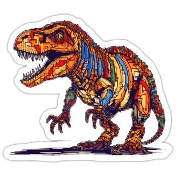 Dino éteint dans des graphismes de pixels colorés - Sticker taille S (10 x 10 cm) - blanc mat - Devant