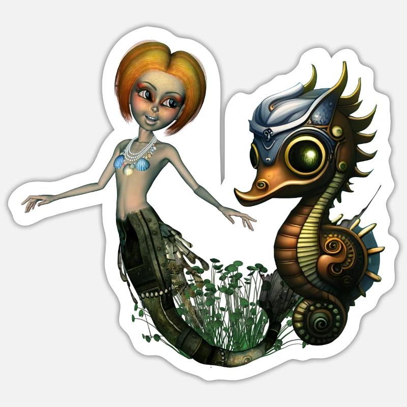 L’amitié de la sirène steampunk - Sticker taille S (10 x 10 cm) - blanc mat