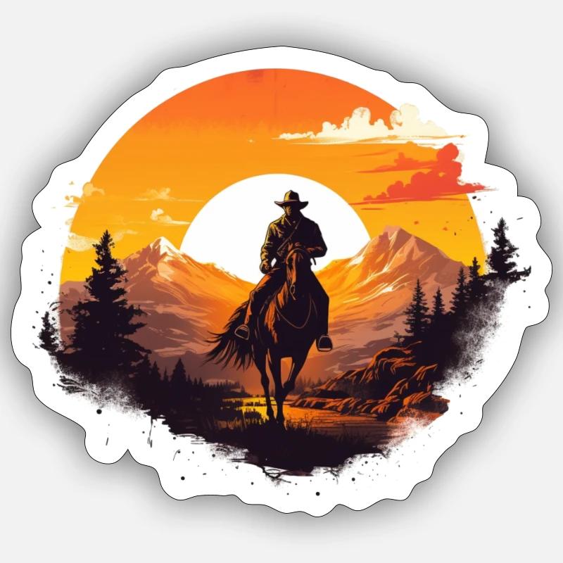 Cowboy au coucher du soleil - Sticker taille S (10 x 10 cm) - blanc mat