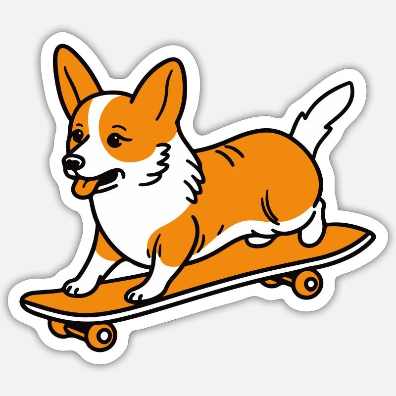 Corgi auf einem Skateboard - Sticker Größe S (10 x 10 cm) - Mattweiß