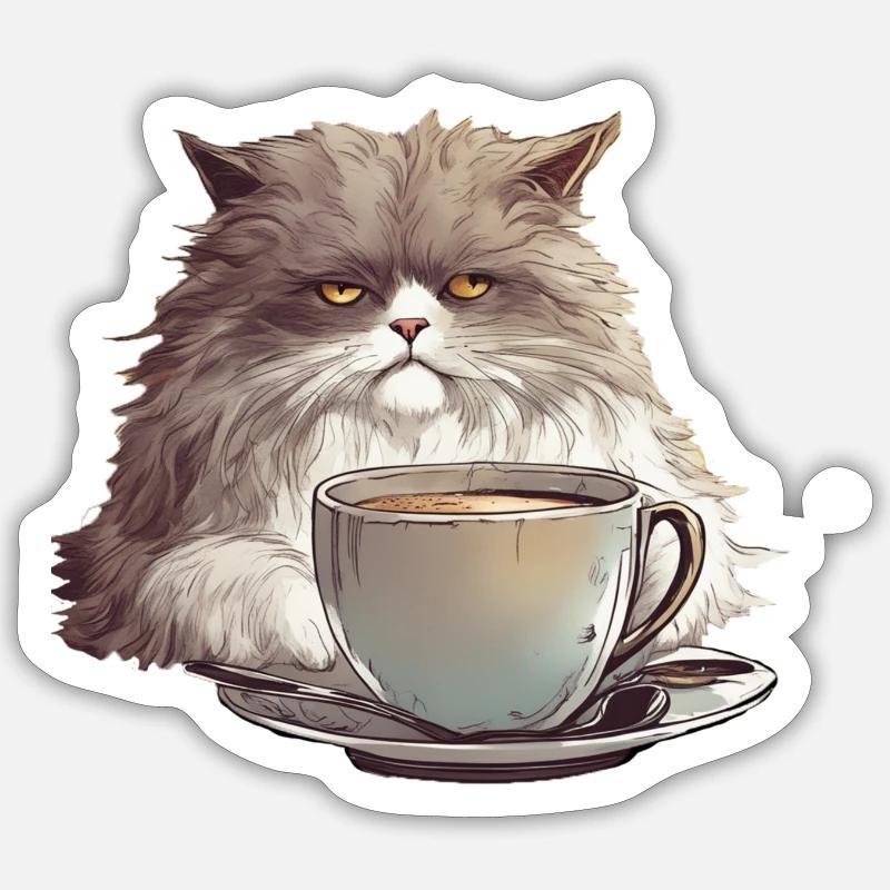 Mürrische Kaffeekatze - Sticker Größe S (10 x 10 cm) - Mattweiß
