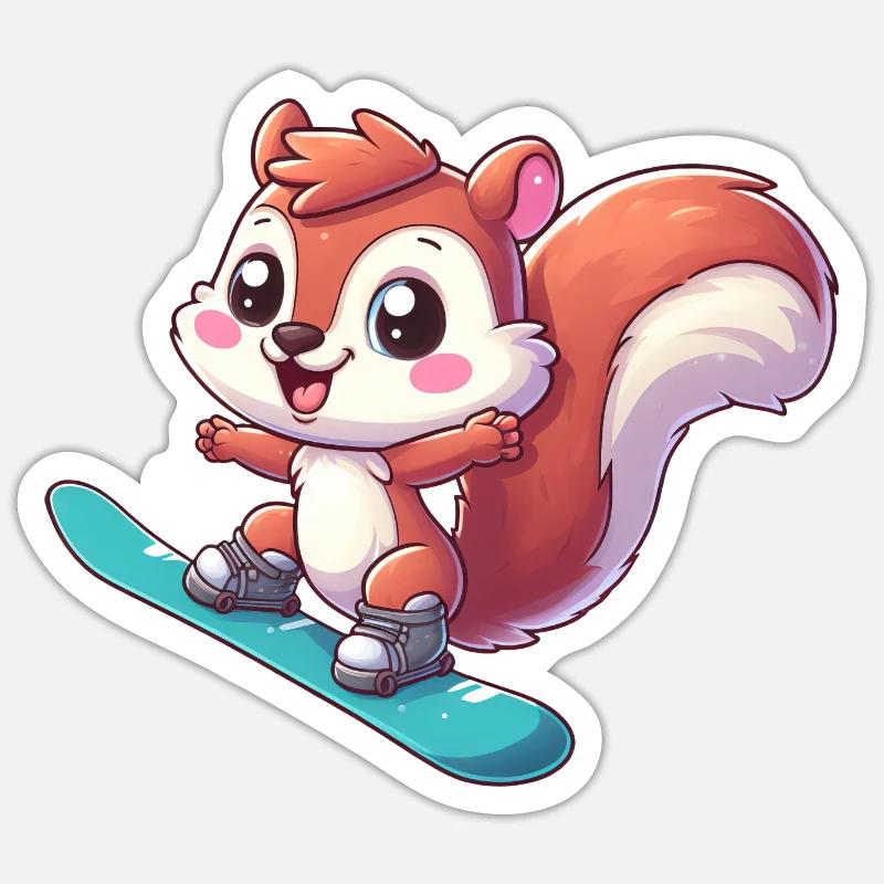 Süßes Eichhörnchen, Comic Snowboarder, Winterurlau - Sticker Größe S (10 x 10 cm) - Mattweiß
