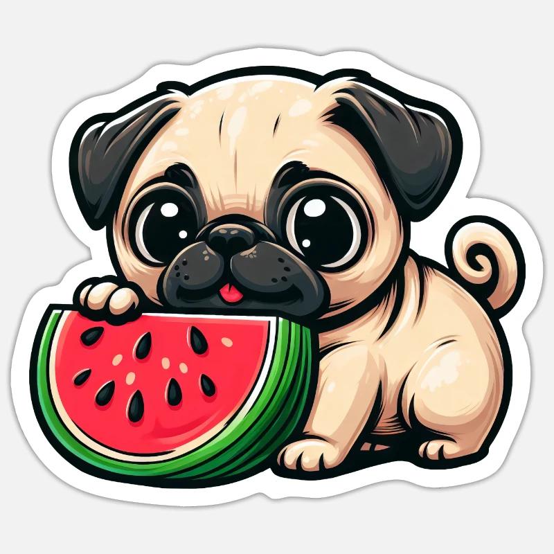 Lustiger Comic Mops Hund isst Wassermelone - Sticker Größe S (10 x 10 cm) - Mattweiß