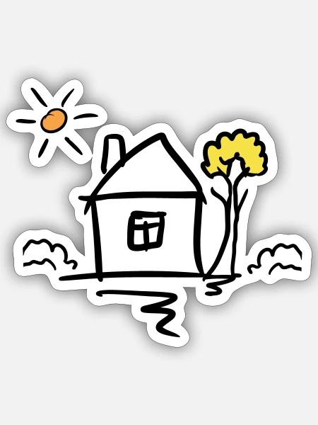 Haus mit Baum und Sonne. Zeichnung. Handgezeichnet - Sticker Größe S (10 x 10 cm) - Mattweiß