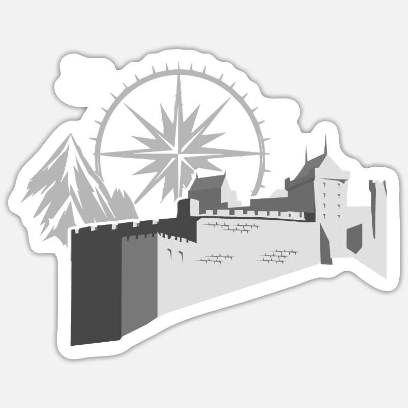 Château avec boussole - Sticker taille S (10 x 10 cm) - blanc mat
