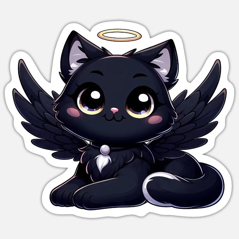 Gothic Katze süß schwarzer Engel mit Flügeln - Sticker Größe S (10 x 10 cm) - Mattweiß