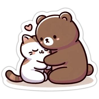 Câlin Chat Et Ours Amoureux - Sticker taille S (10 x 10 cm) - blanc mat - Devant