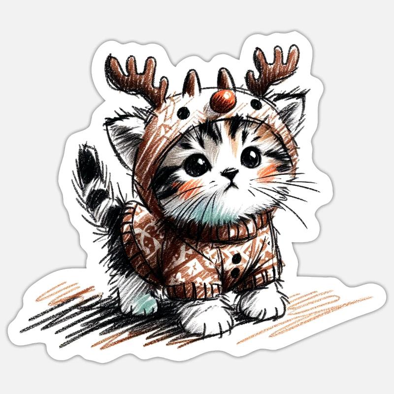 Katze mit Rentiergeweih und Pullover - Sticker Größe S (10 x 10 cm) - Mattweiß
