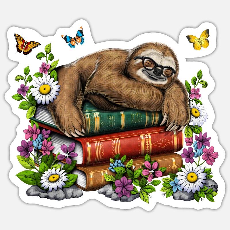 Lazy Sloth Bücher - Sticker Größe S (10 x 10 cm) - Mattweiß