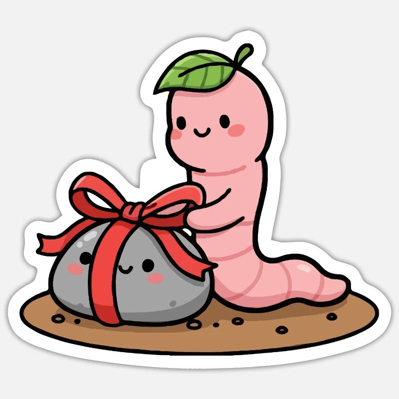 Kleiner Wurm mit Geschenk - Sticker Größe S (10 x 10 cm) - Mattweiß