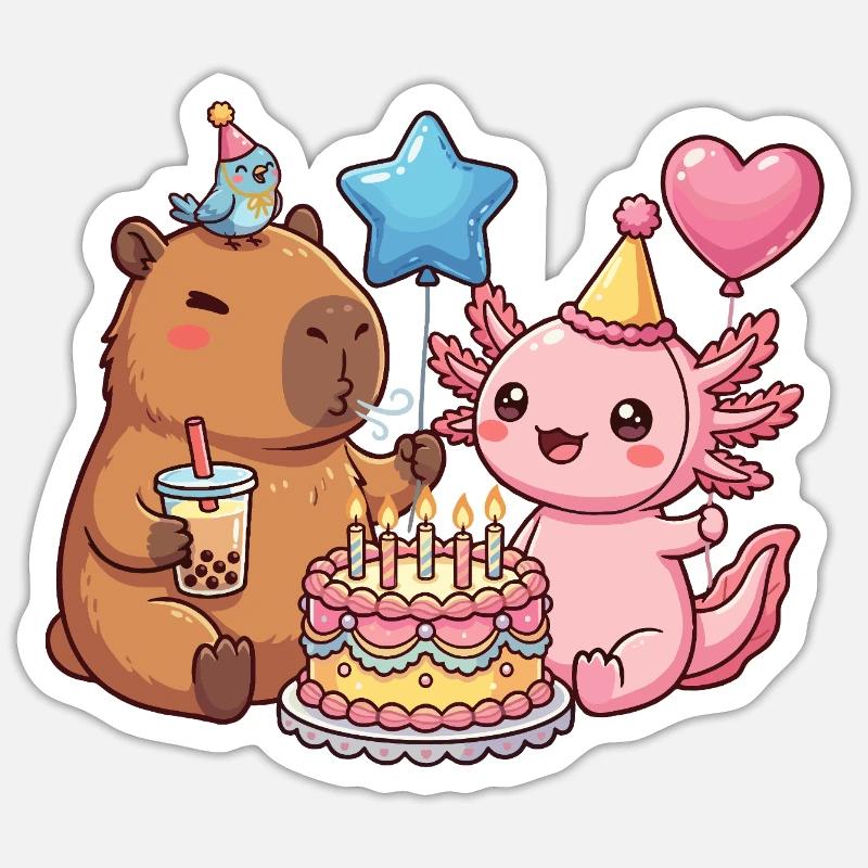 Capybara Axolotl Vogel Geburtstagsparty Sticker Größe S (10 x 10 cm)
