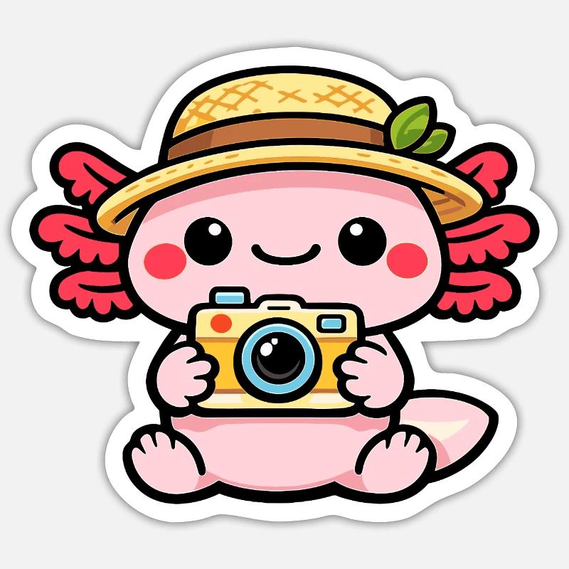 Axolotl Camera Kawaii Straw Hat Magic - Sticker size S (10 x 10 cm) - white matte