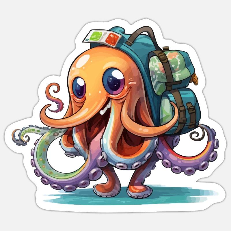 Oktopus Entdecker mit Rucksack - Sticker Größe S (10 x 10 cm) - Mattweiß
