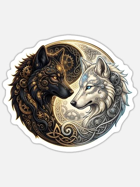 Celtic Wolves Yin Yang – Steampunk Harmony. - Sticker Größe S (10 x 10 cm) - Mattweiß