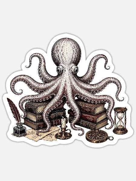 Dark Academia Octopus - Sticker Größe S (10 x 10 cm) - Mattweiß
