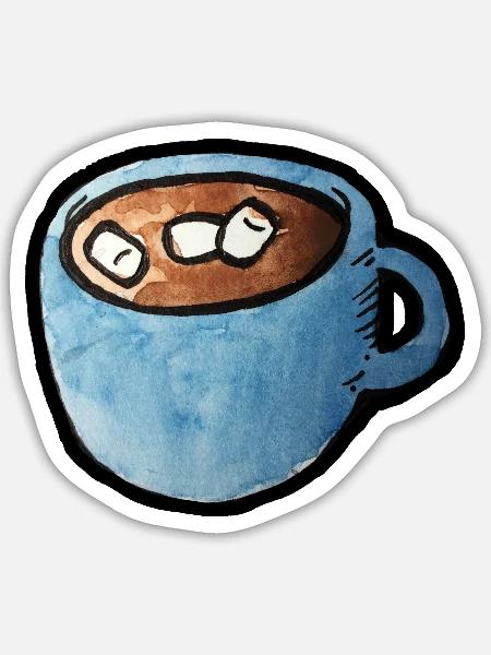 Blauer Aquarell-Tassen-Kakao mit Marshmallows - Sticker Größe S (10 x 10 cm) - Mattweiß