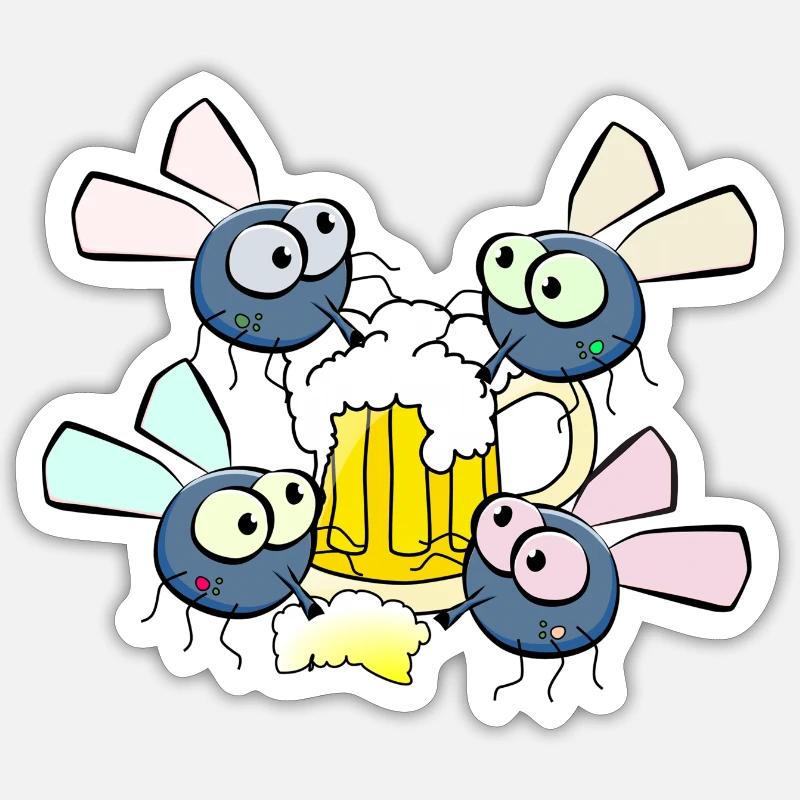 Bière et mouches - Sticker taille S (10 x 10 cm) - blanc mat
