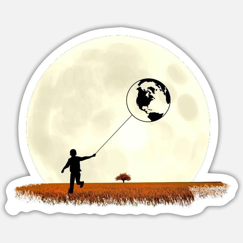 Boy on meadow pulls earth in front of moon - Sticker size S (10 x 10 cm) - white matte