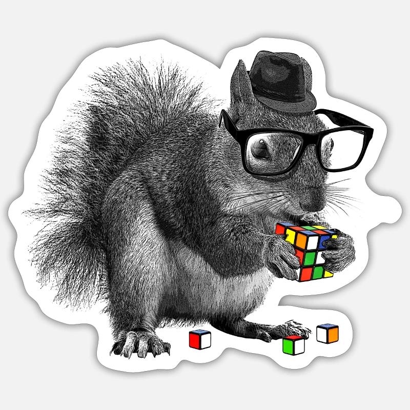 Rubik's Squirrel - Sticker Größe S (10 x 10 cm) - Mattweiß