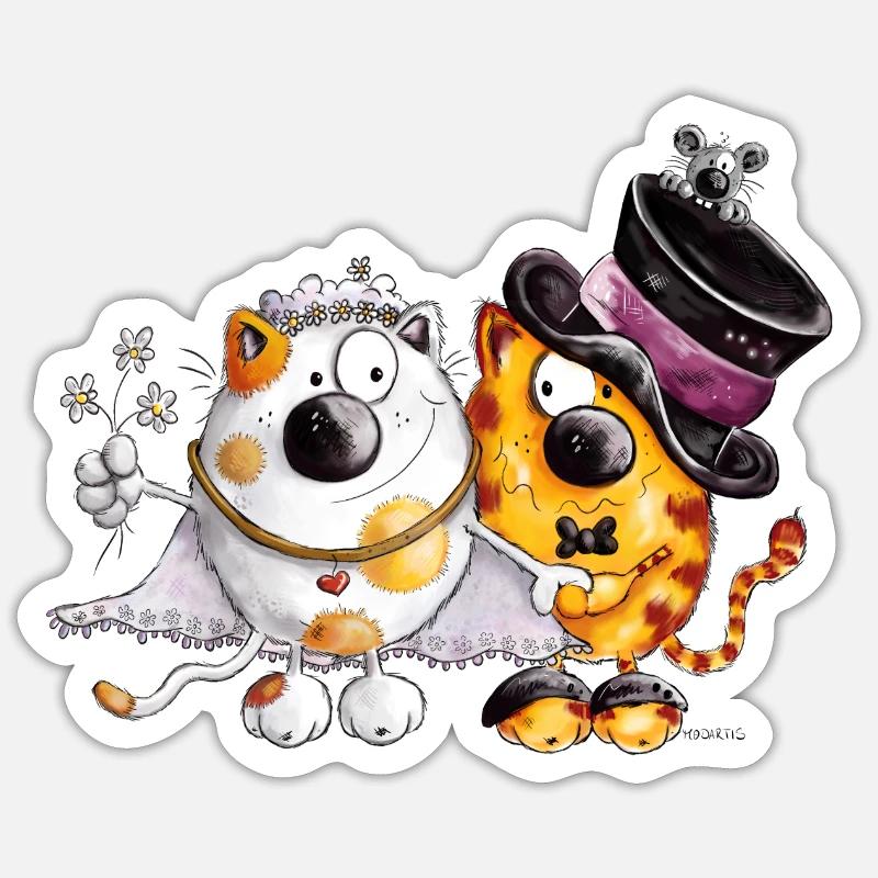 Katzen Hochzeit - Sticker Größe S (10 x 10 cm) - Mattweiß
