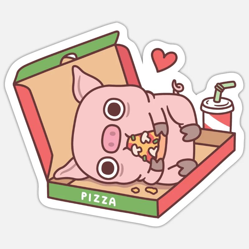 Mignon petit cochon mangeant pizza dans la boîte à pizza drôle Sticker taille S (10 x 10 cm)