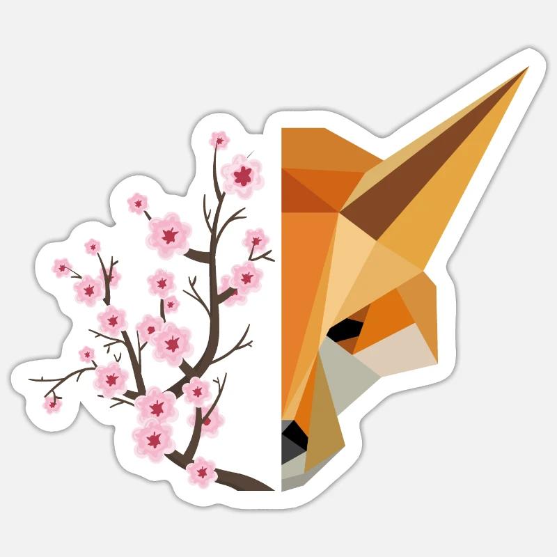 Fleurs de cerisier japonais Sakura Fox - Sticker taille S (10 x 10 cm) - blanc mat