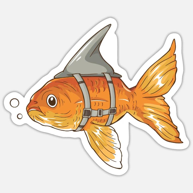 Drôle de poisson rouge avec aileron de requin attaché - Sticker taille S (10 x 10 cm) - blanc mat