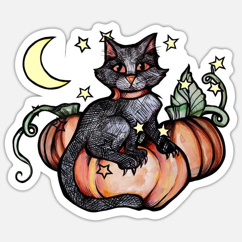 Herbstliche Schwarze Katze - Sticker Größe S (10 x 10 cm) - Mattweiß