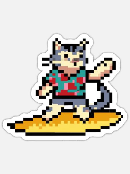 Surfkatze, Pixelkunst - Sticker Größe S (10 x 10 cm) - Mattweiß
