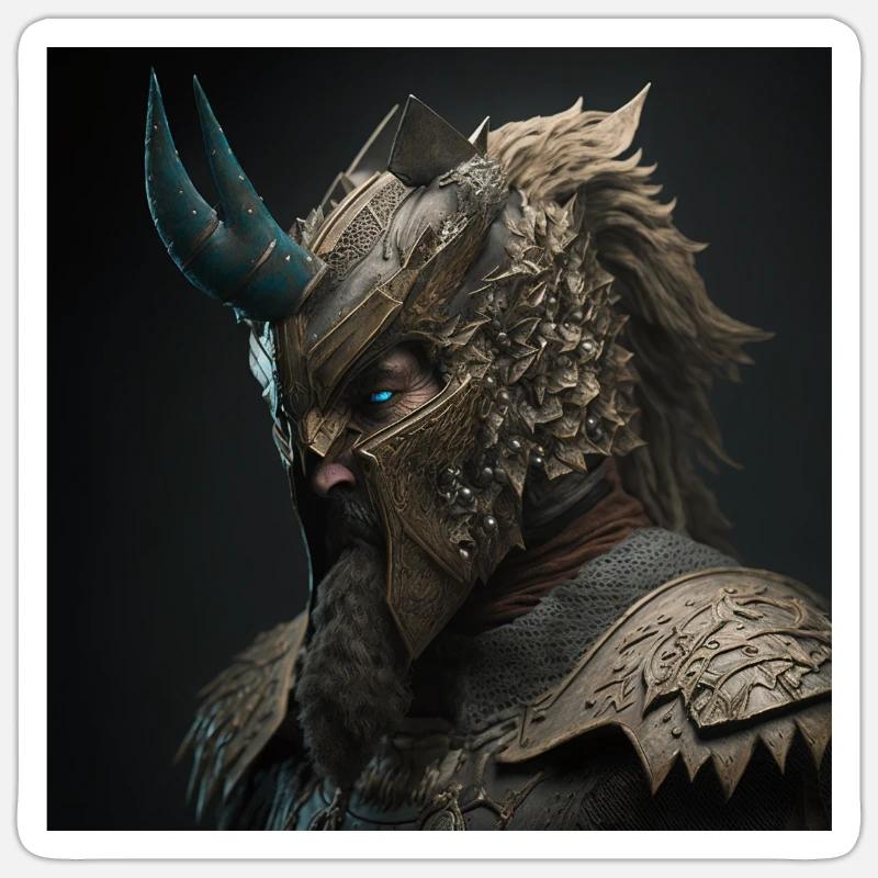 Viking en armure avec des cornes sur le front - Sticker taille S (10 x 10 cm) - blanc mat