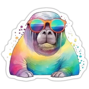 Colorful cool walrus with sunglasses - Sticker size S (10 x 10 cm) - white matte - Front