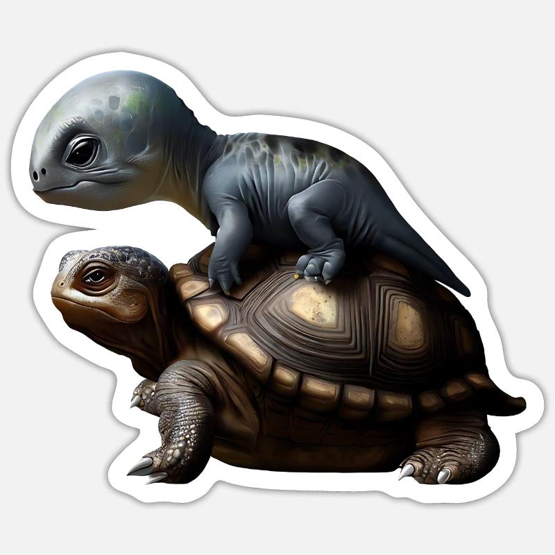 Dinosaur on turtle - Sticker size S (10 x 10 cm) - white matte