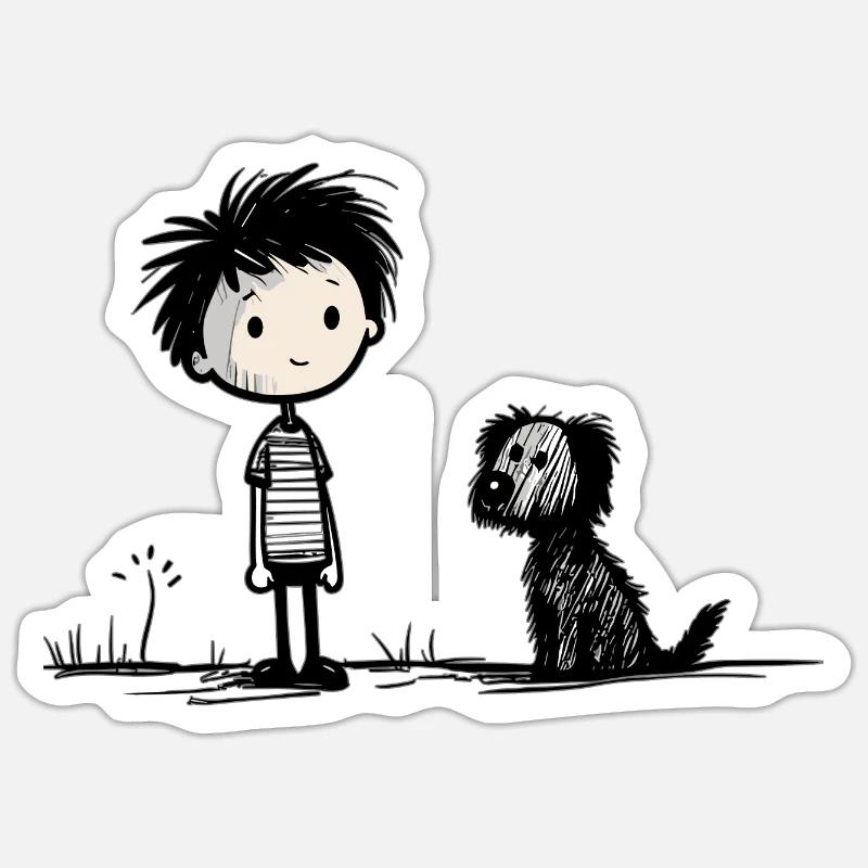 Garçon avec chien - Sticker taille S (10 x 10 cm) - blanc mat