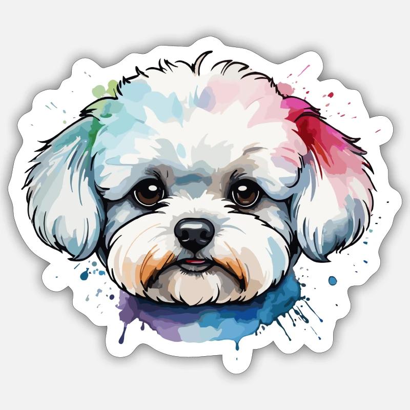 Chien bichon frisé mignon coloré à l’aquarelle - Sticker taille S (10 x 10 cm) - blanc mat
