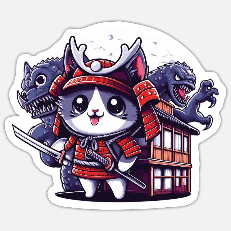 Samurai-Ninja-Katze hinter Monster und Dojo - Sticker Größe S (10 x 10 cm) - Mattweiß