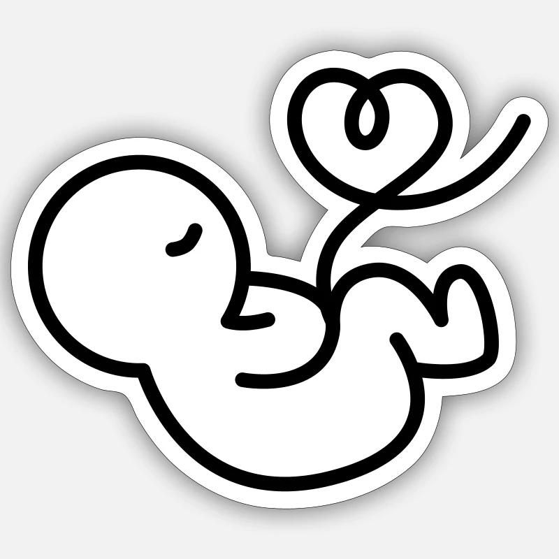 Fœtus Lineart avec cordon ombilical en forme de cœur - Sticker taille S (10 x 10 cm) - blanc mat