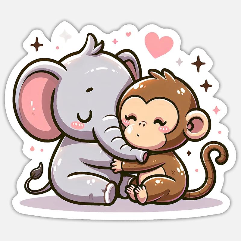 Câlin Éléphant Et Singe Amoureux - Sticker taille S (10 x 10 cm) - blanc mat