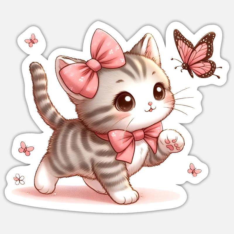 Chat avec papillon Sticker taille S (10 x 10 cm)