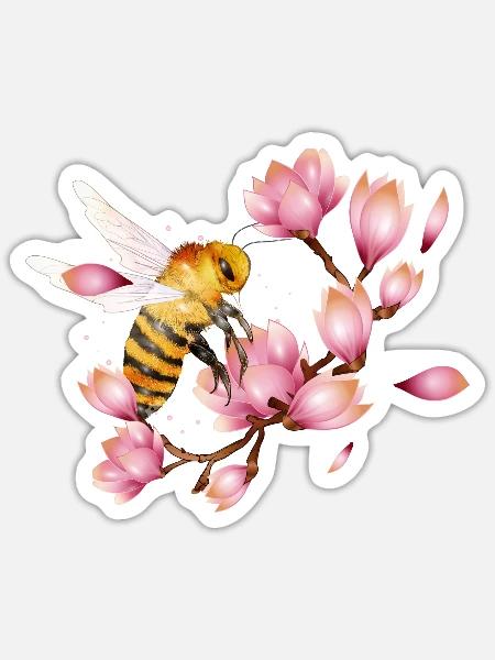 fliegende Biene mit Magnolien von Hand gezeichnet - Sticker Größe S (10 x 10 cm) - Mattweiß