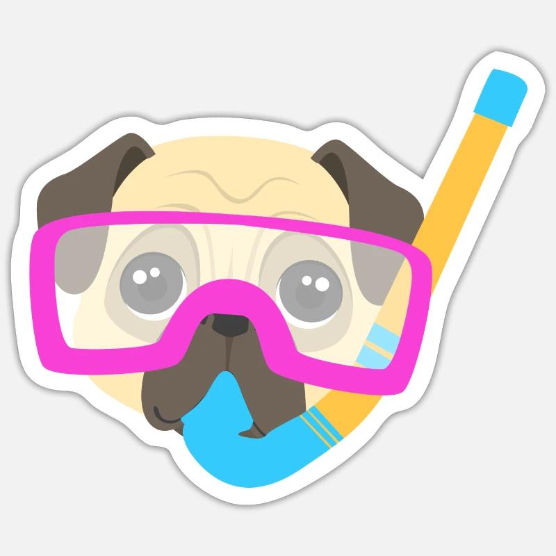 Pug Plongeur - Sticker taille S (10 x 10 cm) - blanc mat