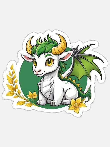 Kleiner Drache mit goldenen Hörnern - Sticker Größe S (10 x 10 cm) - Mattweiß