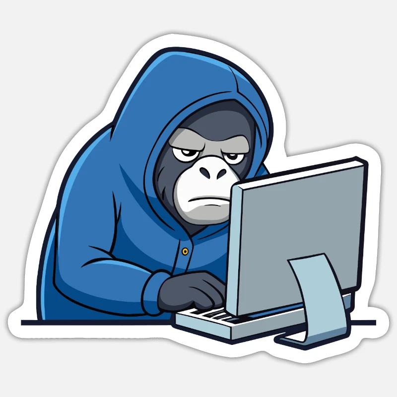Mignon gorille hacker en sweat à capuche devant le PC Sticker taille S (10 x 10 cm)