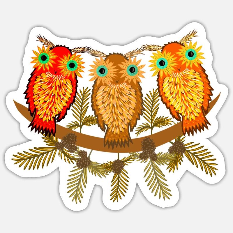 Three colorful owls with pine tree branches - Sticker size S (10 x 10 cm) - white matte