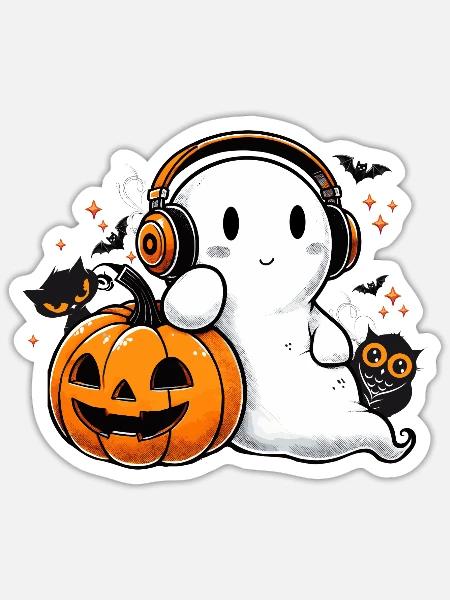 cooler Geist mit Kopfhörern und Halloween Kürbis - Sticker Größe S (10 x 10 cm) - Mattweiß